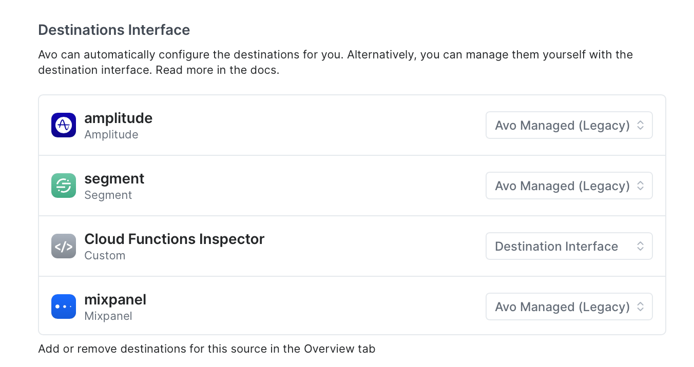 Destinations Interface config in Avo Functions Setup tab
