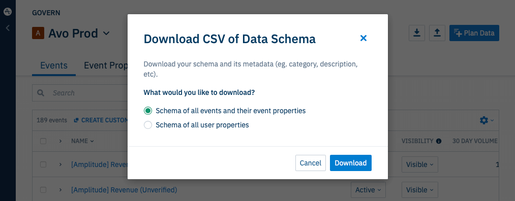 Screenshot of the download modal on Amplitude Govern