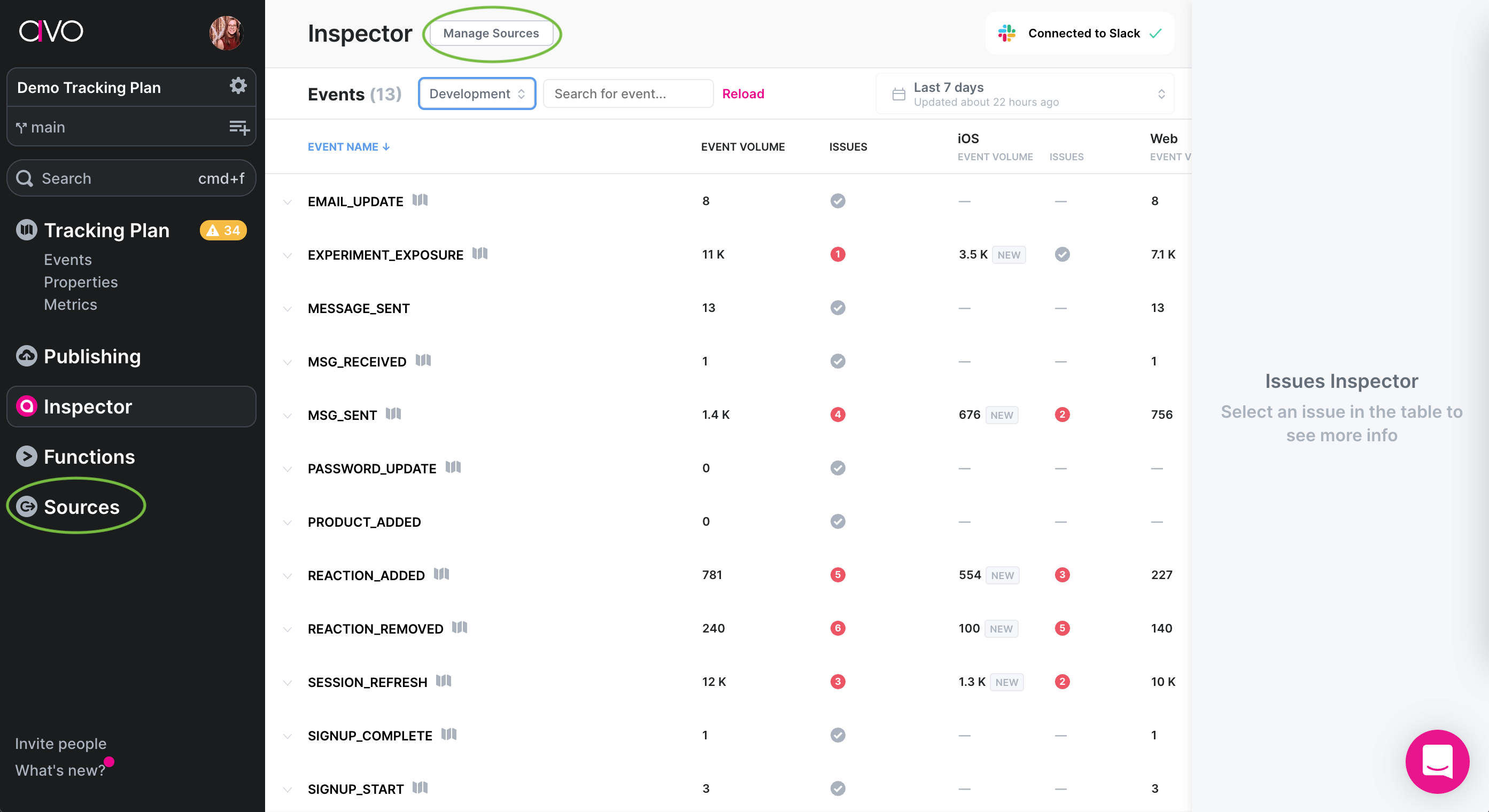 Navigation to the Inspector sources screen in Avo